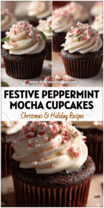 Chocolate peppermint mocha cupcakes topped with white frosting and crushed candy canes.