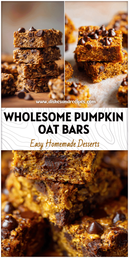 Stack of Pumpkin Chocolate Chip Oat Bars showing moist, chewy texture with oats and melted chocolate chips.
