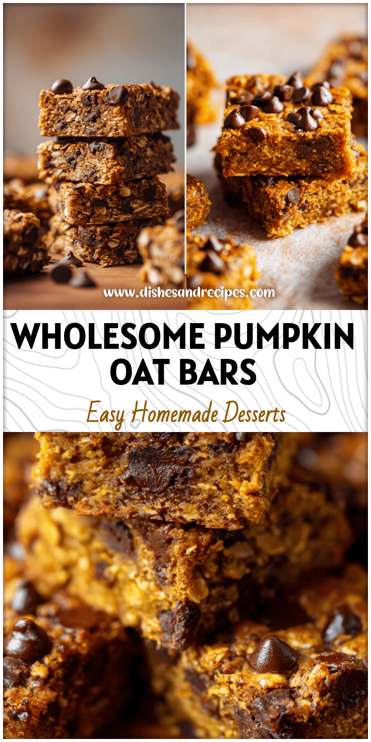 Stack of Pumpkin Chocolate Chip Oat Bars showing moist, chewy texture with oats and melted chocolate chips.