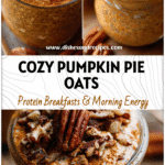Jar of creamy Pumpkin Pie Overnight Oats topped with pecans and pumpkin spice, a cozy fall breakfast.