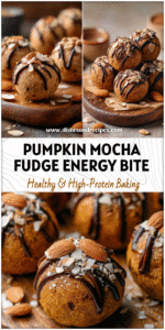 Round pumpkin protein balls topped with drizzle of mocha almond fudge and crushed almonds on a rustic board.