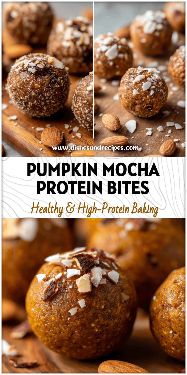 Close-up of pumpkin protein balls coated with mocha almond fudge and sprinkled almonds on a wooden surface