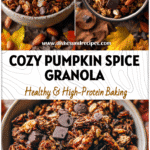 A bowl of Pumpkin Spice Keto Granola with almonds and chocolate chips surrounded by fall leaves.