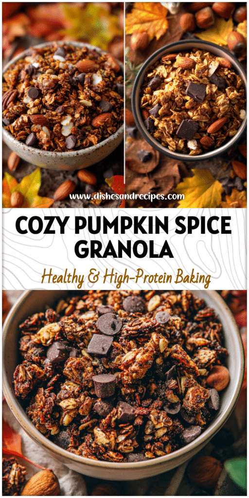 A bowl of Pumpkin Spice Keto Granola with almonds and chocolate chips surrounded by fall leaves.