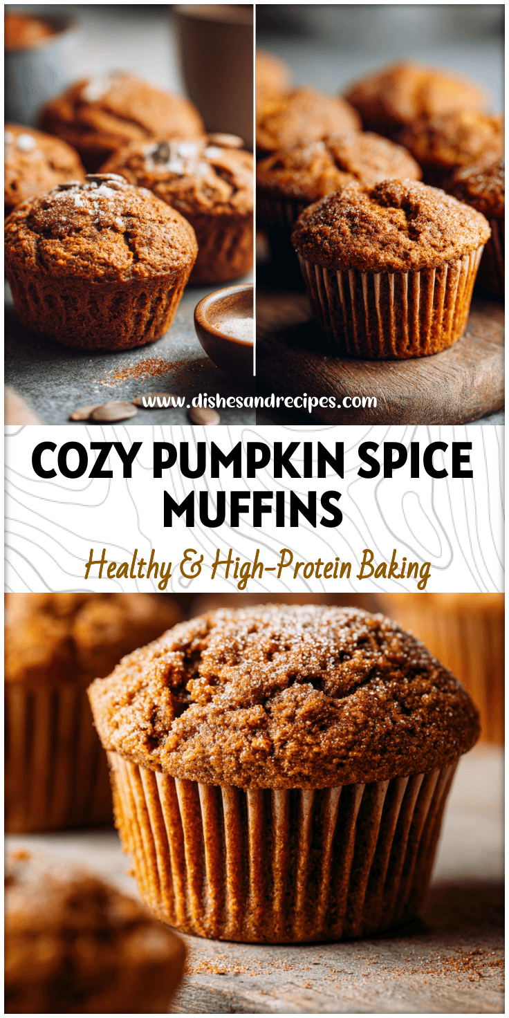 Freshly baked Whole Wheat Pumpkin Protein Muffins topped with pumpkin spice on a rustic kitchen counter.