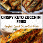 Quick Keto Zucchini Fries in the Air Fryer (Crispy & Light) 5 Crispy keto zucchini fries cooked in air fryer basket with golden edges and dipping bowl.