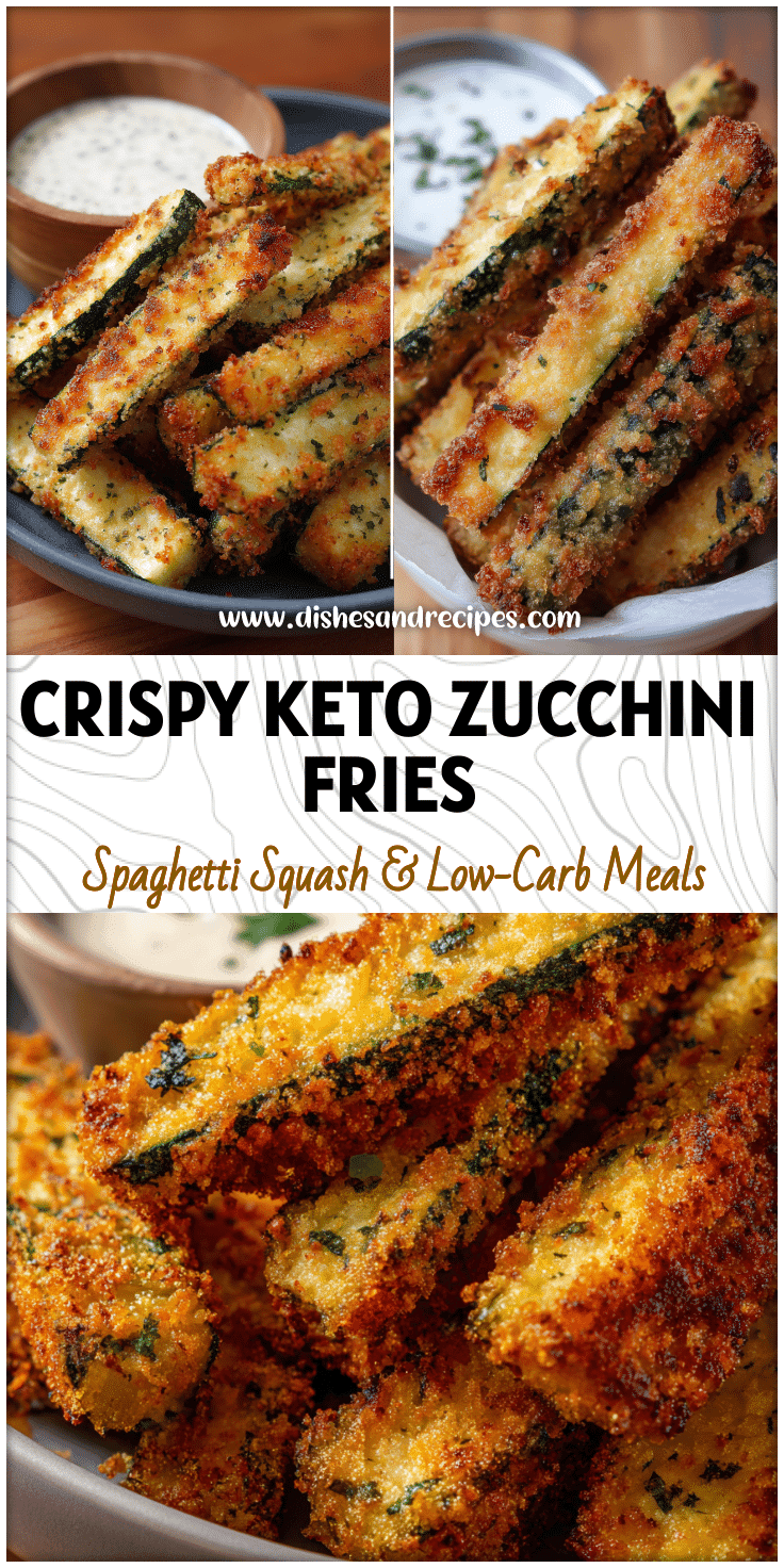 Crispy keto zucchini fries cooked in air fryer basket with golden edges and dipping bowl.
