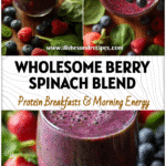 A glass of vibrant Mixed Berry Green Smoothie with spinach and fruit surrounded by fresh berries and greens.