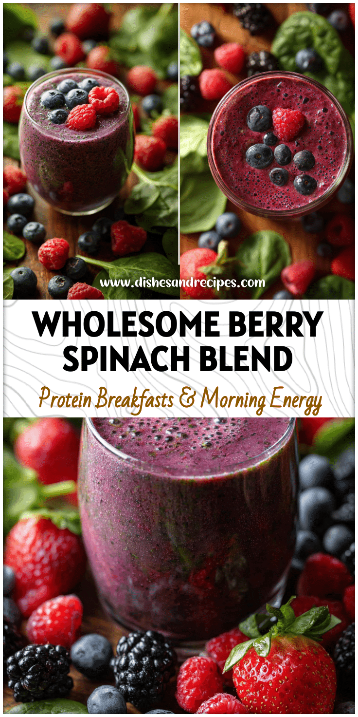 A glass of vibrant Mixed Berry Green Smoothie with spinach and fruit surrounded by fresh berries and greens.