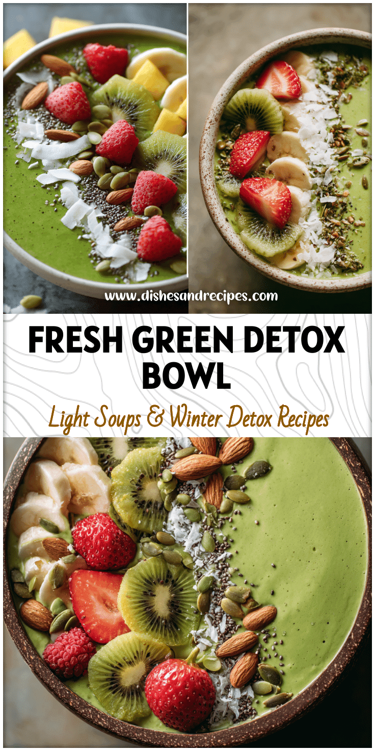 Vibrant green detox smoothie bowl topped with fruit and seeds for Delicious Green Smoothie Recipes inspiration