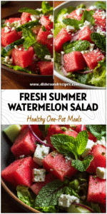 Bright bowl of Watermelon Lettuce Salad with feta, mint, and fresh Watermelon Toppings served for summer.