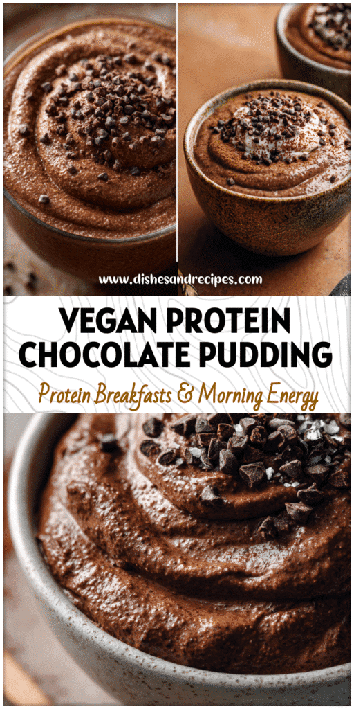 Bowl of vegan chocolate chia pudding made with protein powder and sprinkled with cacao nibs.
