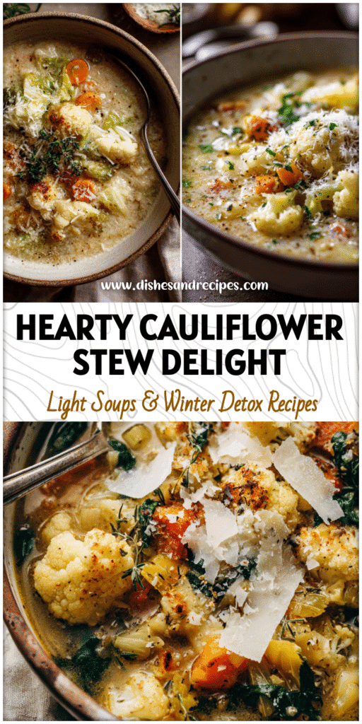 Home 31 Rustic cauliflower stew with cabbage, carrots, and celery in a ceramic bowl topped with Parmesan shavings.