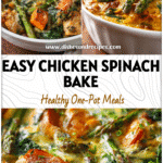 Golden spinach and chicken sweet potato bake topped with asparagus sprigs in a white dish.