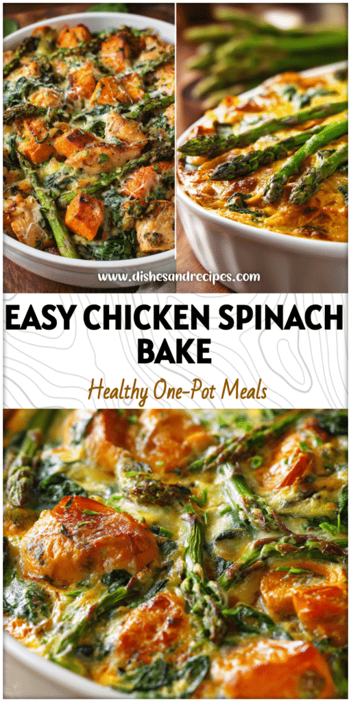 Golden spinach and chicken sweet potato bake topped with asparagus sprigs in a white dish.