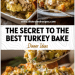 Baked holiday leftover turkey casserole with golden stuffing topping and herbs on a rustic table
