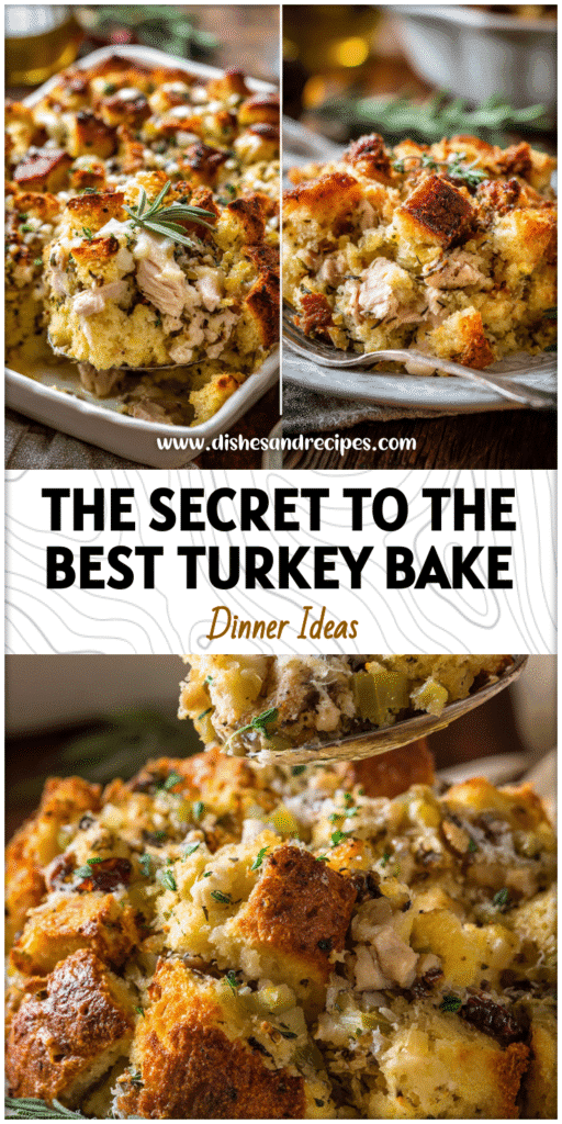 Baked holiday leftover turkey casserole with golden stuffing topping and herbs on a rustic table