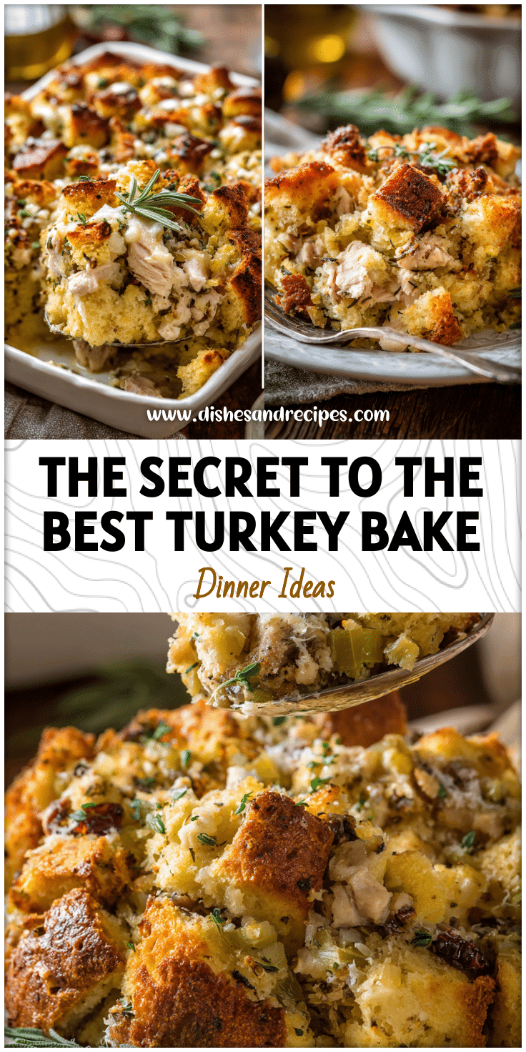 Baked holiday leftover turkey casserole with golden stuffing topping and herbs on a rustic table