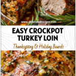 Slow cooked garlic butter turkey loin in crockpot surrounded by herbs and tender juices.