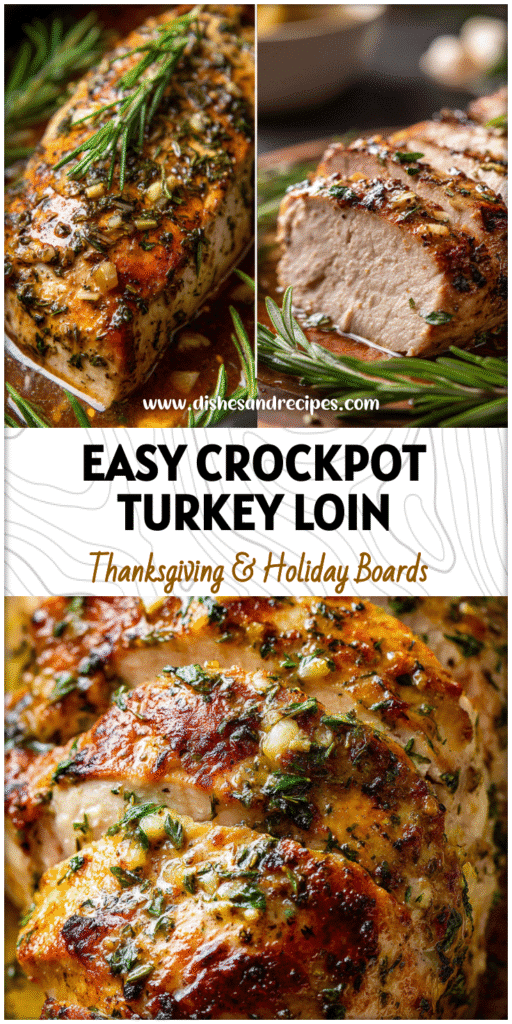 Home 30 Slow cooked garlic butter turkey loin in crockpot surrounded by herbs and tender juices.