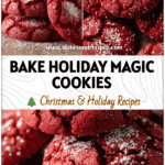 Soft Red Velvet Cake Mix Cookies for Holiday Baking 5 Close-up of red velvet cake mix cookies with crinkle tops sprinkled with powdered sugar.