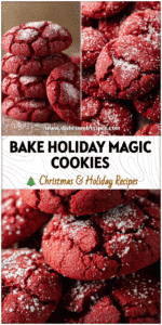 Close-up of red velvet cake mix cookies with crinkle tops sprinkled with powdered sugar.