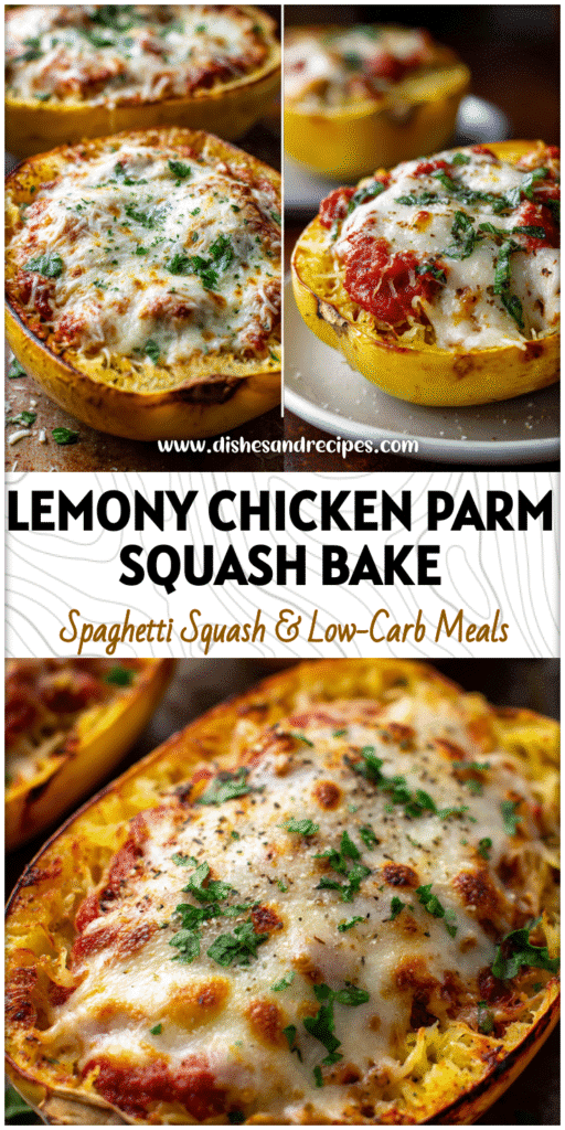 Golden Baked Chicken Parm served on roasted Spaghetti Squash topped with melted cheese and fresh herbs.