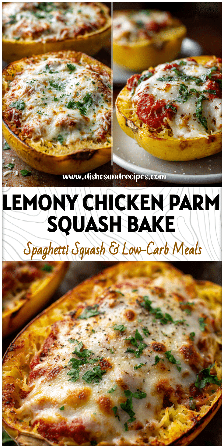 Golden Baked Chicken Parm served on roasted Spaghetti Squash topped with melted cheese and fresh herbs.