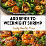 Colorful skillet of Spicy Shrimp And Broccoli in garlic lemon butter sauce with golden sear.