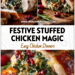 Golden roasted cranberry stuffed chicken breasts with spinach and herbs on a festive Christmas dinner table