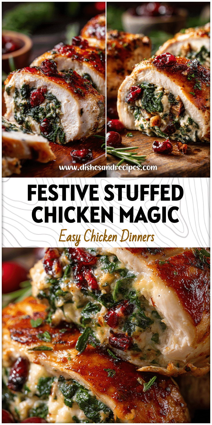 Golden roasted cranberry stuffed chicken breasts with spinach and herbs on a festive Christmas dinner table