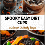 Close-up of spooky Mini Dirt Cups with chocolate pudding, crushed cookies, and gummy worms for Dirt Dessert Halloween fun