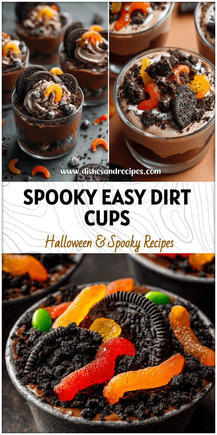 Close-up of spooky Mini Dirt Cups with chocolate pudding, crushed cookies, and gummy worms for Dirt Dessert Halloween fun