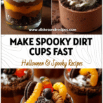 Spooky Halloween Dirt Cups for Easy Party Treats 5 Mini Dirt Cups topped with crushed cookies and gummy worms for a spooky Dirt Dessert Halloween treat.