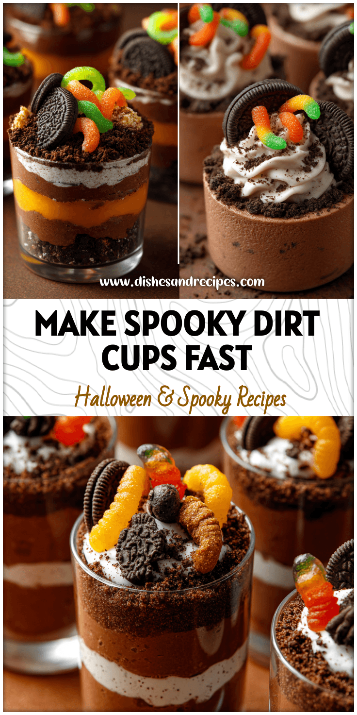 Mini Dirt Cups topped with crushed cookies and gummy worms for a spooky Dirt Dessert Halloween treat.