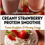 Strawberry Protein Smoothie with Vanilla Cream Flavor for a Fresh Start 5 Glass of Strawberry And Cream Smoothie made with Strawberries And Cream Protein Powder topped with fresh strawberries.