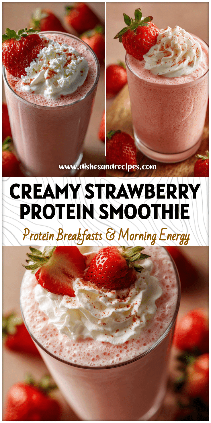 Glass of Strawberry And Cream Smoothie made with Strawberries And Cream Protein Powder topped with fresh strawberries.