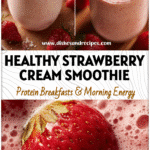 A glass of Strawberry And Cream Smoothie made with Strawberries And Cream Protein Powder for a healthy breakfast.