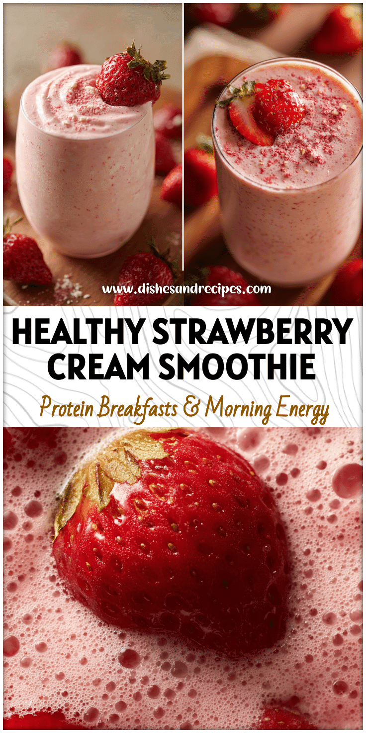 A glass of Strawberry And Cream Smoothie made with Strawberries And Cream Protein Powder for a healthy breakfast.