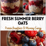 Summer Berry Overnight Oats Recipe for a Healthy Breakfast 5 Glass jar filled with layered Mixed Berry Overnight Oatmeal topped with fresh berries and oats.