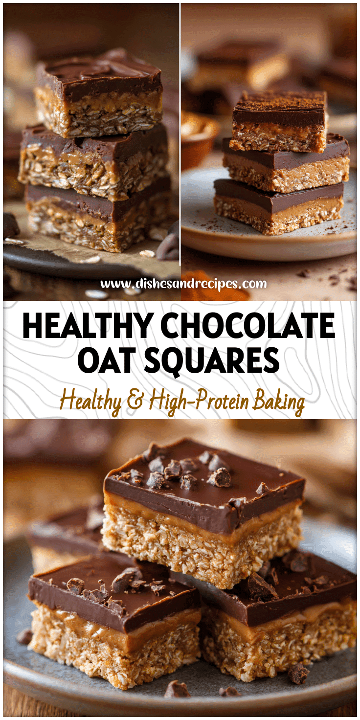 A plate of chocolate peanut butter oat squares showing soft layers of rich healthy goodness.