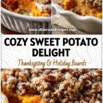 Sweet Potato Casserole with Crunchy Pecan Crust Topping 5 Golden sweet potato casserole topped with crunchy pecans and buttery strussel crust served in a white dish.