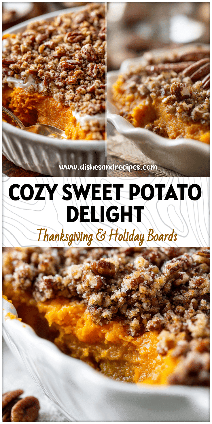 Golden sweet potato casserole topped with crunchy pecans and buttery strussel crust served in a white dish.