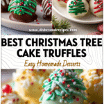 The Best Little Debbie Christmas Tree Cake Truffles Ever 5 Festive plate with Little Debbie Christmas Tree Cake truffles topped with sprinkles and holiday decor.