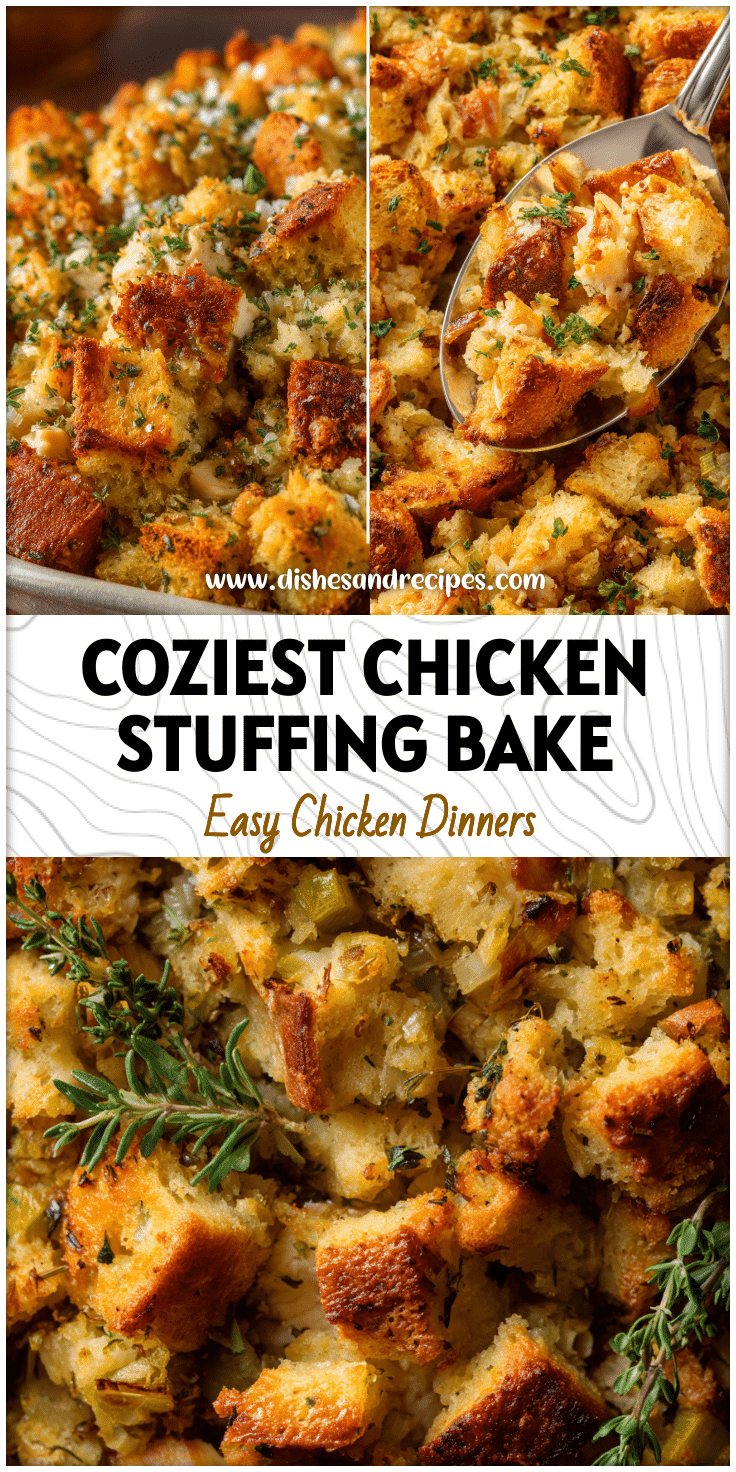 Golden Oven Chicken And Stuffing casserole baked with tender chicken and crispy seasoned topping