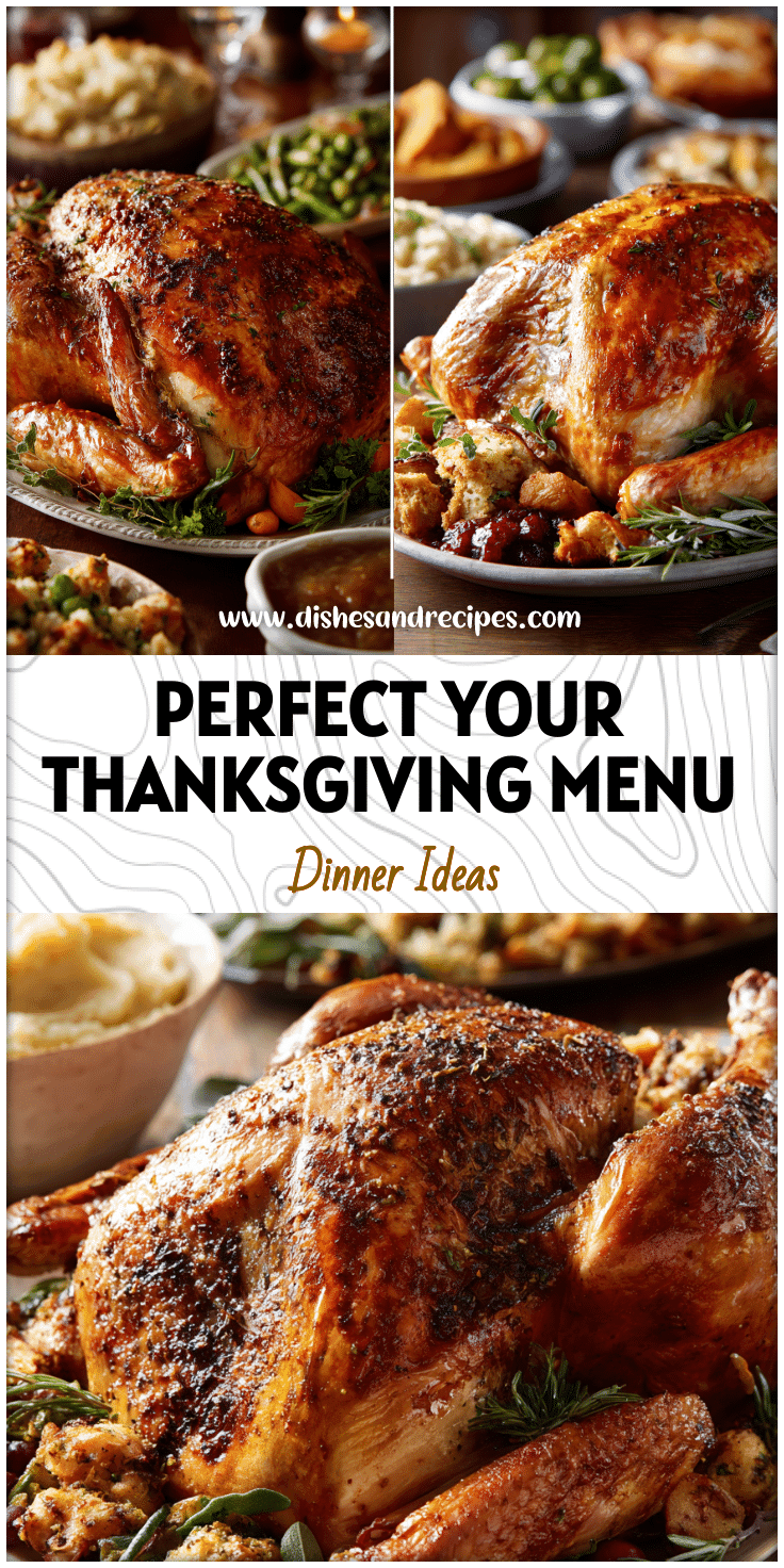 Golden roast turkey surrounded by colorful Thanksgiving side dishes on a festive dinner table.
