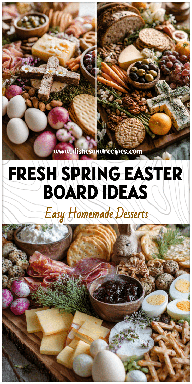 Beautifully arranged Easter cheese board with cross-shaped snacks, meats, fruits, and woodland décor.