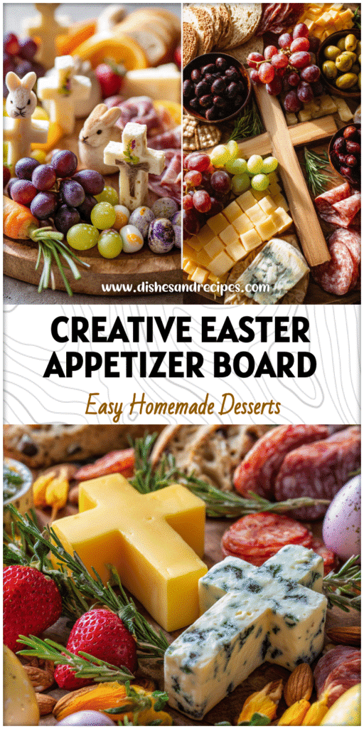 Home 35 Easter cross-themed charcuterie board featuring assorted cheeses, meats, and colorful spring fruits.