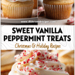 Vanilla Peppermint Cupcakes with Cream Cheese Frosting 5 Vanilla peppermint cupcakes with cream cheese frosting and red peppermint sprinkles on top.