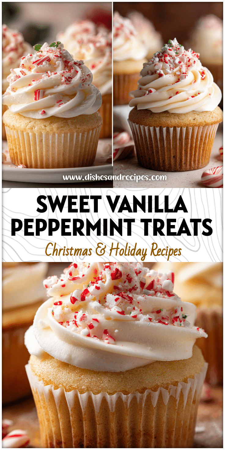 Vanilla peppermint cupcakes with cream cheese frosting and red peppermint sprinkles on top.